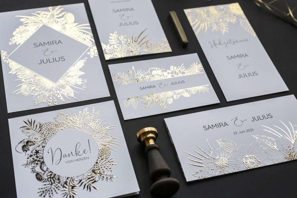 Hochzeitseinladungskarte Goldfoliendruck, herzkarten.de - Feines aus Papier